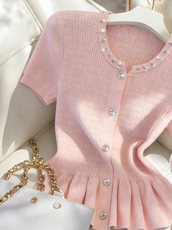 Sweaters - Pink Casual Women's Rhinestone Pearl Round Neck Slim Fit Short Sleeve Cardigan